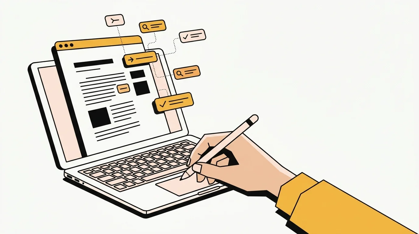 Een hand bewerkt een document met zoekwoorden die als labels boven de tekst zweven