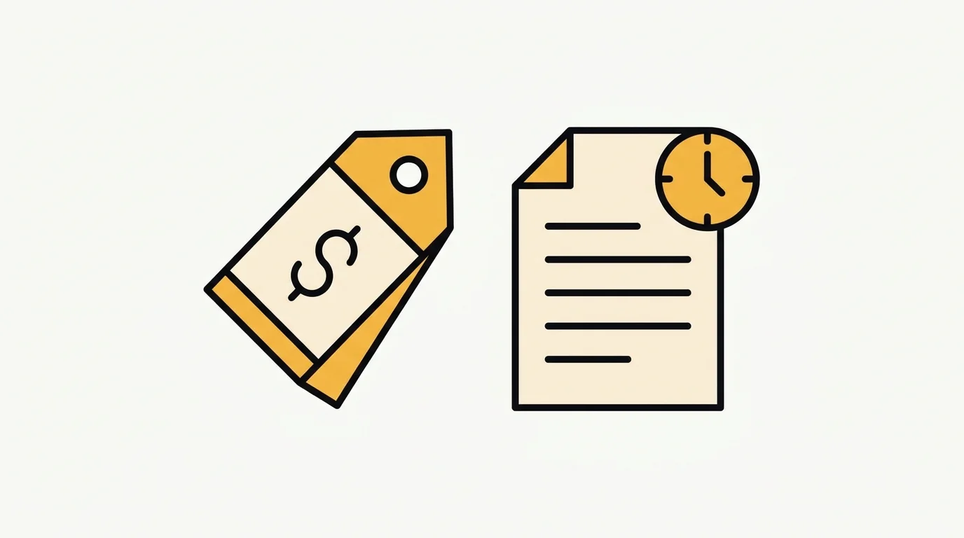 Een prijskaartje naast een document met een klok, symbool voor kosten en doorlooptijd van een geschreven artikel