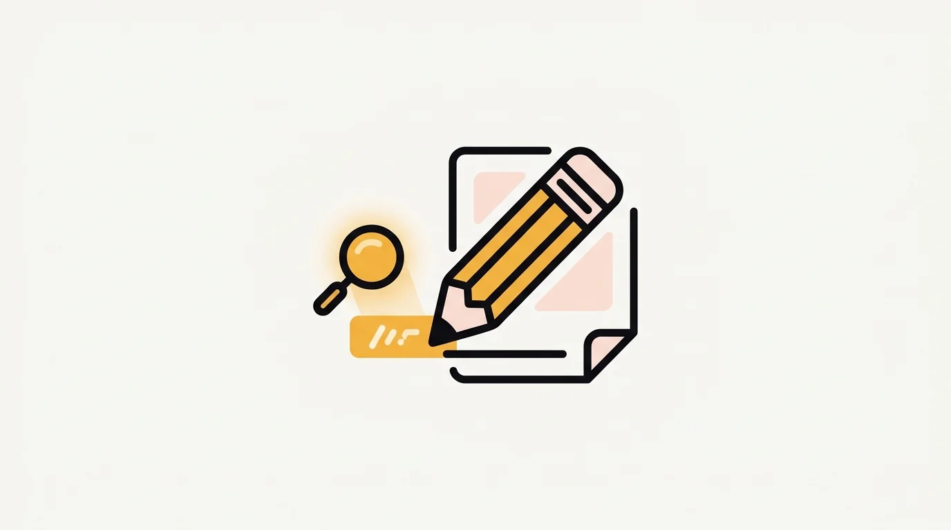 Een potlood dat een document beschrijft, met een vergrootglas dat een zoekwoordlabel ernaast controleert, symbool voor het checken van een zoekwoord vóór het schrijven begint