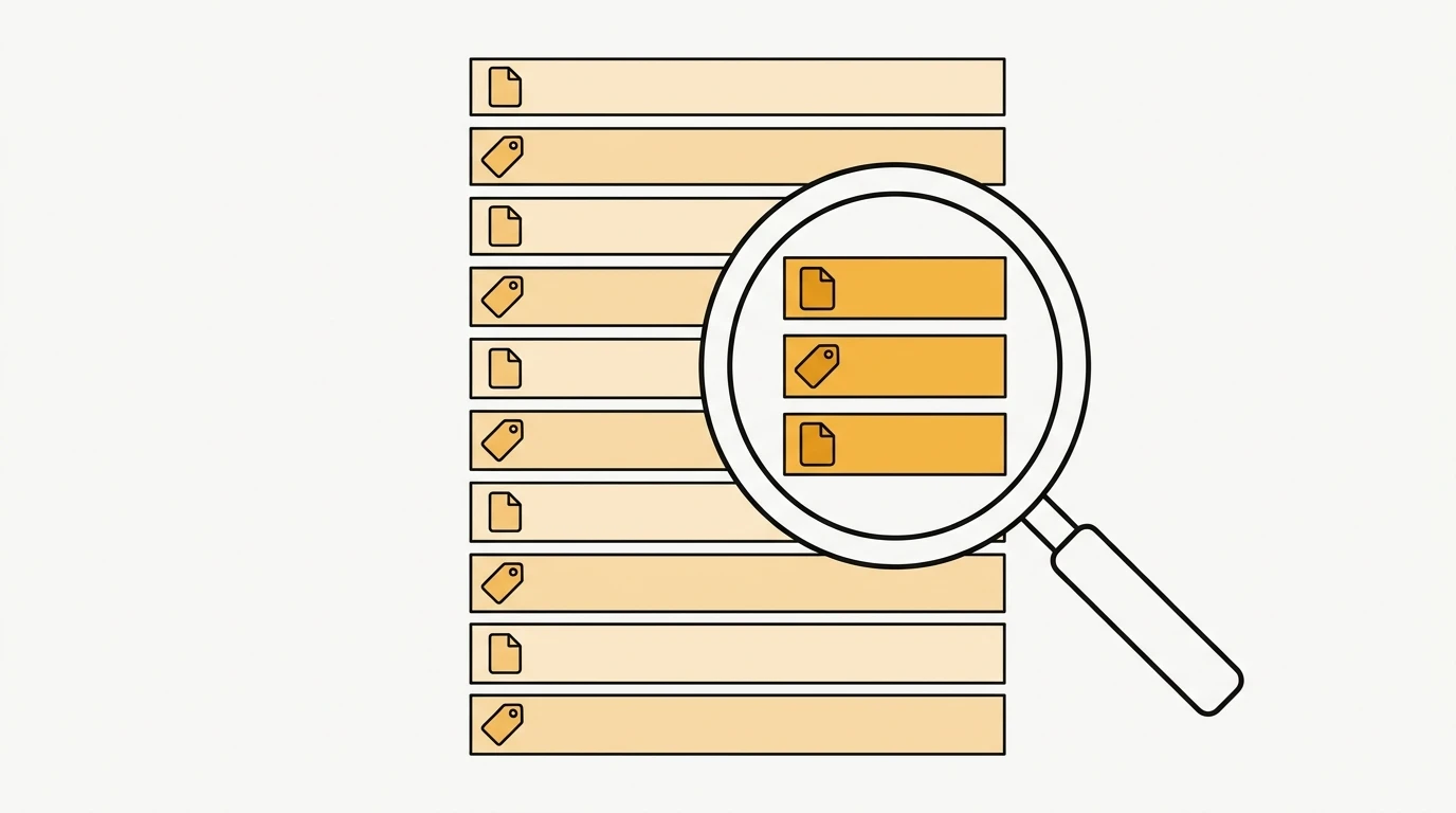 Een vergrootglas boven een stapel van tien abstracte zoekresultaten, waarvan een deel de vorm van een document heeft en een deel de vorm van een prijskaartje